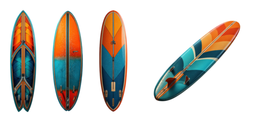 Surfing adventure beach bright colors aerial view, isolated on transparent background, png set