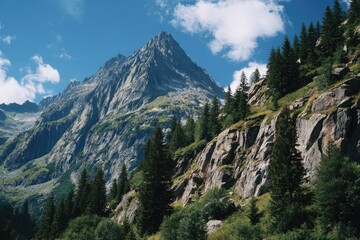Obraz premium Alpine mountain peak, lush forests, dramatic cliffs