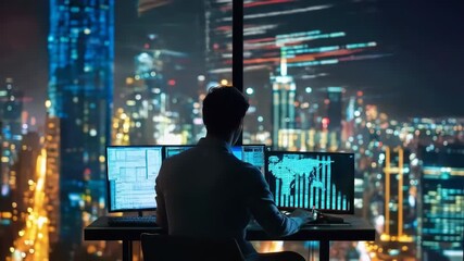 A dedicated professional works late analyzing data, financial charts, and global data from a high-rise office, showcasing the modern business landscape and digital transformation. - Powered by Adobe