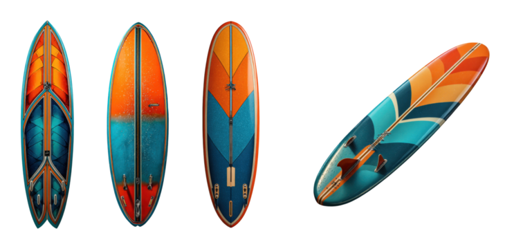 Surfing adventure beach bright colors aerial view, isolated on transparent background, png set