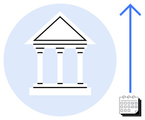 Classical building, upward blue arrow, and calendar suggesting growth, development, and planning in institutions. Ideal for finance, education, strategy, success investment economy and progress