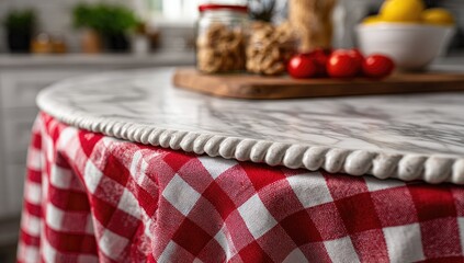 Close-up of a white marble table top with a decorative edge, resting on a red and white checkered tablecloth.  Kitchen setting visible in the background