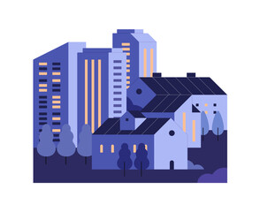 Obraz premium Night landscape of city. Geometric cityscape with residential houses, skyscrapers, office buildings. Urban business districts, downtown. Evening town. Flat isolated vector illustration on white