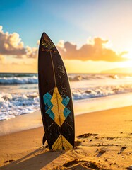 A vintage surfboard rests on the golden beach at sunset, showcasing intricate design and a tranquil seaside scene.
