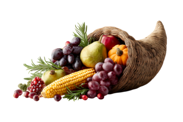 Seasonal fruits in a harvest cornucopia