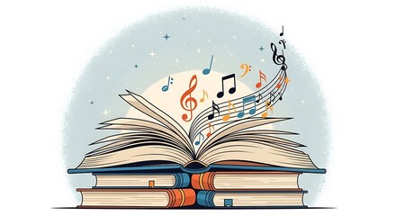 Open Book with Musical Notes Flowing from Pages Against Starry Background