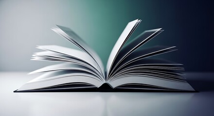 Fototapeta premium Open book with white pages against a gradient teal background, creating a sense of knowledge and learning.