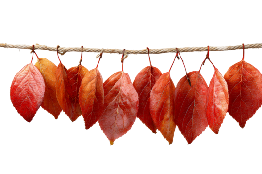 Colorful autumn leaves hanging on rope line