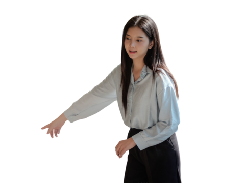 Young Asian businesswoman in casual office attire pointing and explaining, confident female professional presenting idea or giving instructions, isolated on transparent background