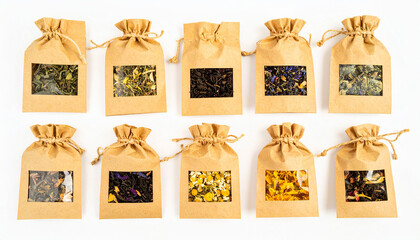 Assortment of Herbal Teas: A delightful array of paper pouches, each showcasing a unique blend of aromatic herbal teas, meticulously arranged.