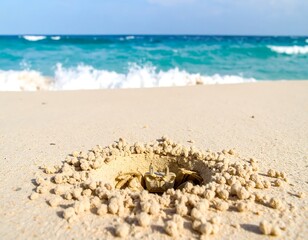 A small crab sits inside a burrow, surrounded by mounds of sand, on a bright beach, with a vast ocean backdrop.