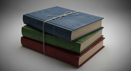 Stack of Ornate Books Tied with String, Featuring Blue, Green, and Red Covers