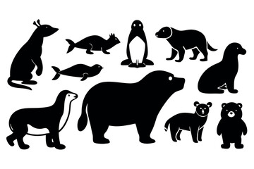 Set of arctic animal silhouettes isolated on white background for decoration