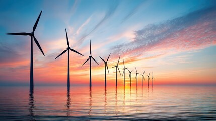 Wind turbines located in an ocean creating renewable energy during a vibrant sunset