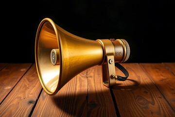 Classic vintage brass megaphone on wooden table with dark background &ndash; retro communication and announcement concept

