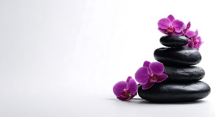 Zen spa stones and purple orchids on white background