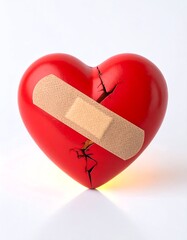 A fractured red heart is bandaged, symbolizing healing and recovery from emotional pain.