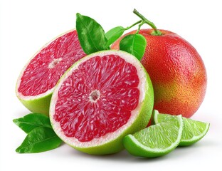 Two grapefruit halves, one whole grapefruit, and lime slices on white