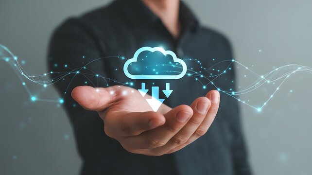 Man holding virtual cloud computing on hand with connection line. Cloud computing is system for sharing download and upload big data information.