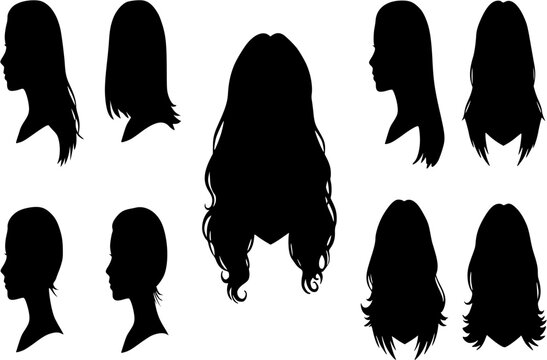 Collection. Silhouette profile of a cute lady's head. The girl shows her hairstyle for medium and long hair. Suitable for logo, advertising. Vector illustration se