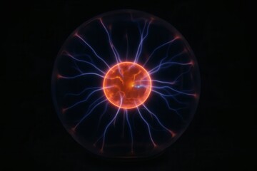 Bright plasma ball with electrical discharges against a dark background.