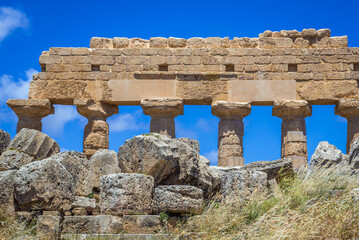 Close up on a Temple of Apollo on acropolis of Selinunte ancient city, Sicily Island, Italy