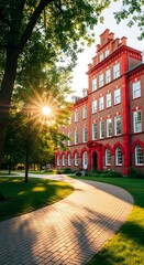 Majestic Historic Red Brick University Building Facade at Sunset with Sunburst and Pathway

