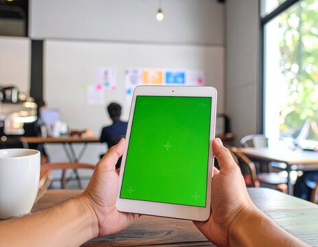 woman using tablet computer green screen in cafe