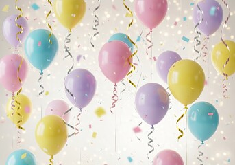 Photo of pastel balloons and confetti create a festive atmosphere, perfect for birthday parties, celebrations, and adding a touch of joy
