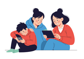 Three people looking at a digital tablet together understanding family and technology interaction