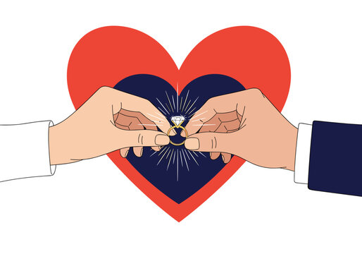 Two hands exchanging wedding rings in front of a red heart symbolizing love and commitment