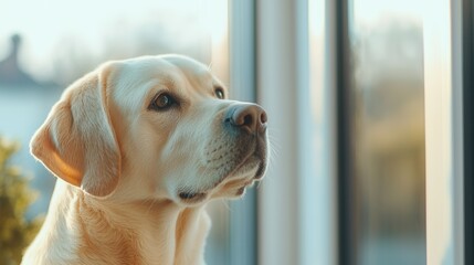 international dog day. A thoughtful dog gazes out of a window in soft light.