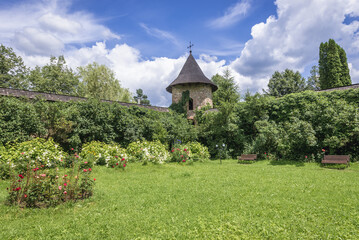 Walls of Moldovita Ortohodox monastery in Vatra Moldovitei, Romania