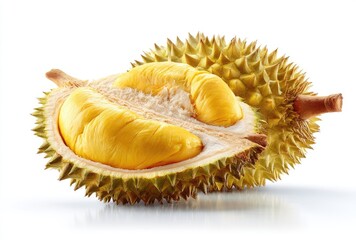 Fototapeta premium Durian fruit halved, vibrant yellow flesh