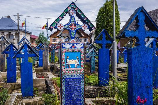 Characterstic painted graves on a famous Merry Cemetery in Sapanta village, Romania