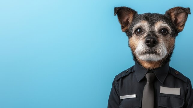 international dog day. A dog dressed as a police officer against a blue background. - Powered by Adobe