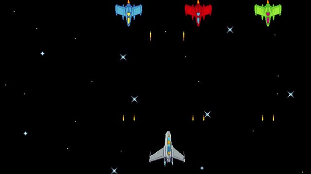 Retro video game space arcade animation. 16-bit pixel art style. Spaceship fires and destroying alien UFO. Cartoon Motion Design. 4K video.