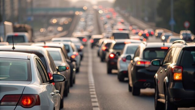 Detailed shot of cars stuck on highway &mdash; emphasizing traffic density and urban congestion