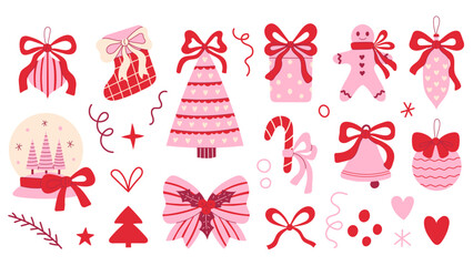Coquette Christmas Elements Set. Hand drawn Vintage Xmas Holiday Clipart with bows in flat style. Vector illustrations of Baubles Decorations Ornaments Tree.