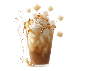 Iced coffee drink with sugar cubes in glass isolated on transparent background