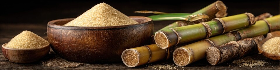 Sugarcane and brown sugar in wooden bowls