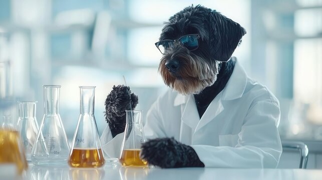international dog day. A dog in a lab coat conducts experiments in a laboratory.