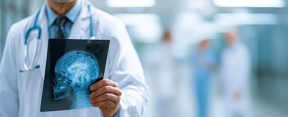 Doctor holding a head X-ray in a medical facility