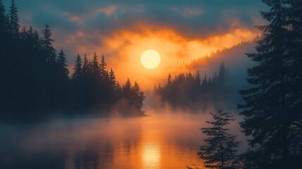 Fototapeta premium Sunrise over misty river valley