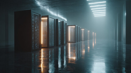 Server Racks and Cabinets full of Hard Drives inside Large Data Center. Advanced Cloud Computing Concept. AI-powered data center, glowing servers, sleek minimal design, futuristic atmosphere