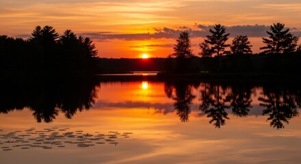 Obraz premium Serene sunset over calm lake with silhouetted pine trees reflecting on water surface. Tranquil nature landscape. Scenic view for relaxation, meditation, and outdoor adventure concept
