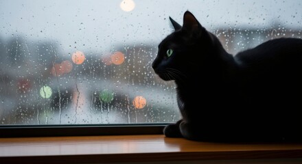 Black cat silhouette gazing out rainy window. Moody atmospheric scene with bokeh lights. Pet companionship on dreary day. Feline curiosity and indoor comfort concept.