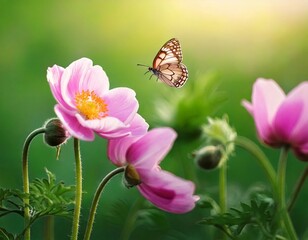 Beautiful pink flower anemones fresh spring morning on nature and fluttering butterfly on so 