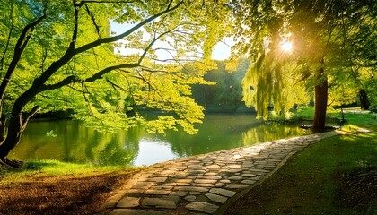 Beautiful colorful summer spring natural landscape with a lake in Park surrounded by green