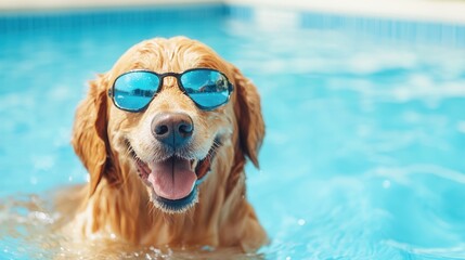 international dog day. Dog wearing sunglasses, enjoying a swim in a pool.